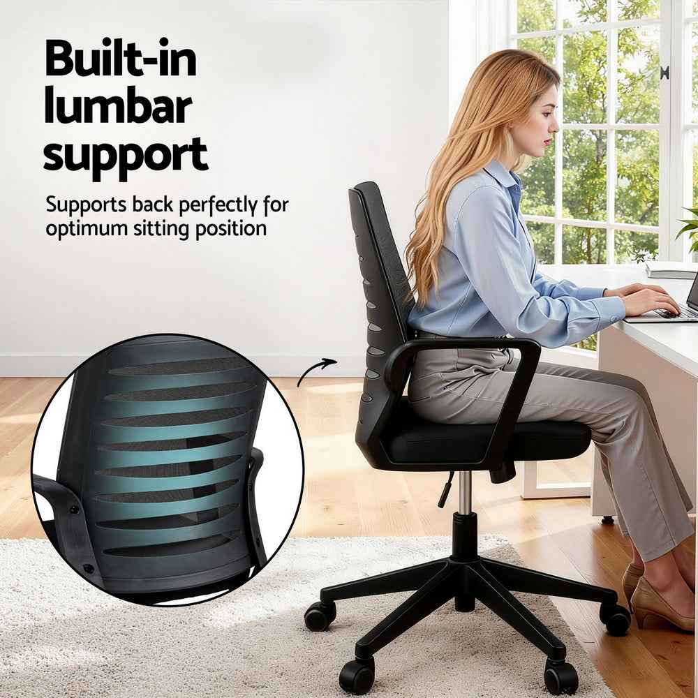 Artiss Ergonomic Office Chair Mesh Computer Desk Chairs with Lumbar Support, Height Adjustment Swivel Chair Mid Back for Home Office Study, Black