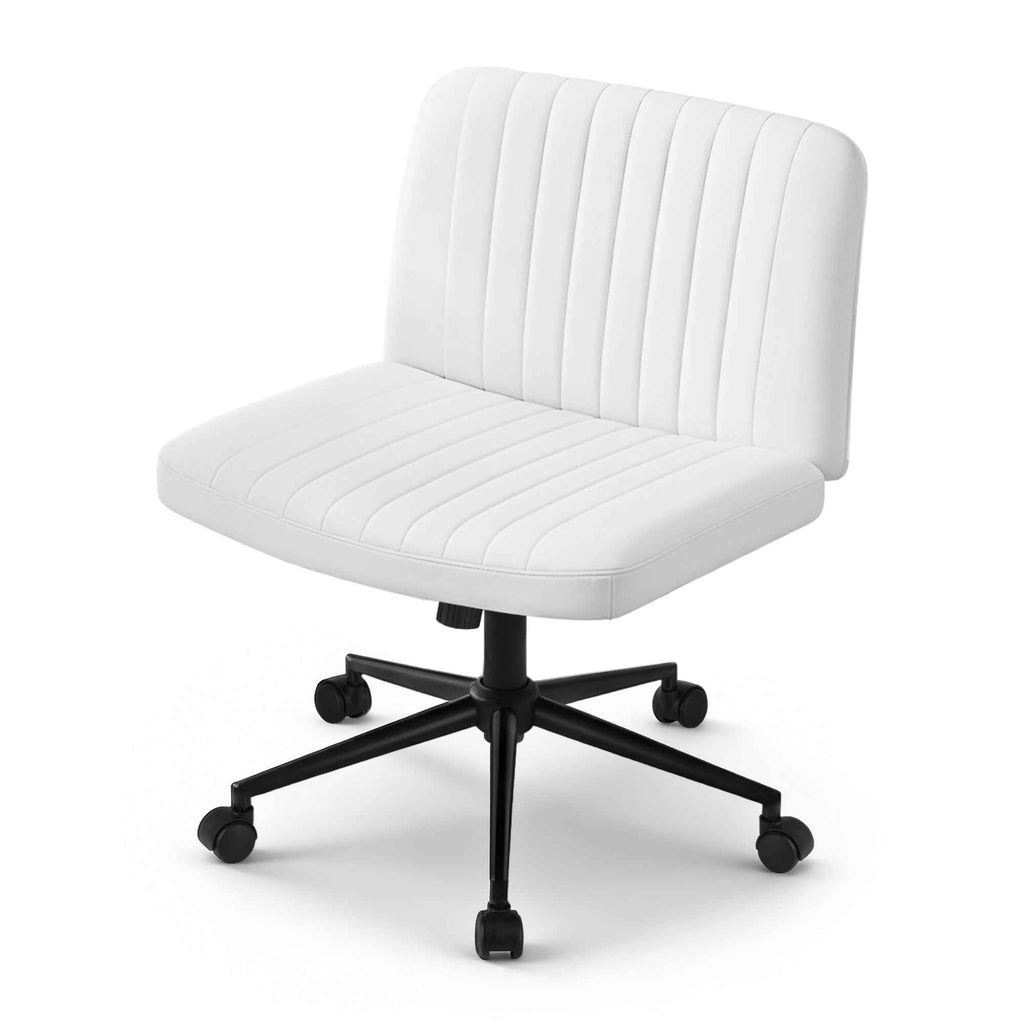 Artiss Criss Cross Chair with Wheels Wide Cross Legged Office Desk Vanity Chair PU Leather, Armless Height Adjustable Swivel Home Office Chair for Home Computer Task, White