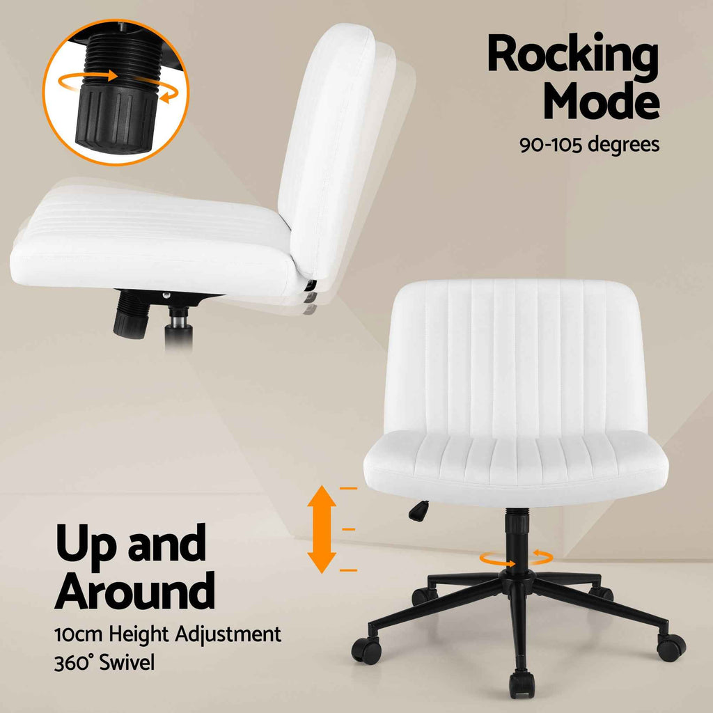Artiss Criss Cross Chair with Wheels Wide Cross Legged Office Desk Vanity Chair PU Leather, Armless Height Adjustable Swivel Home Office Chair for Home Computer Task, White