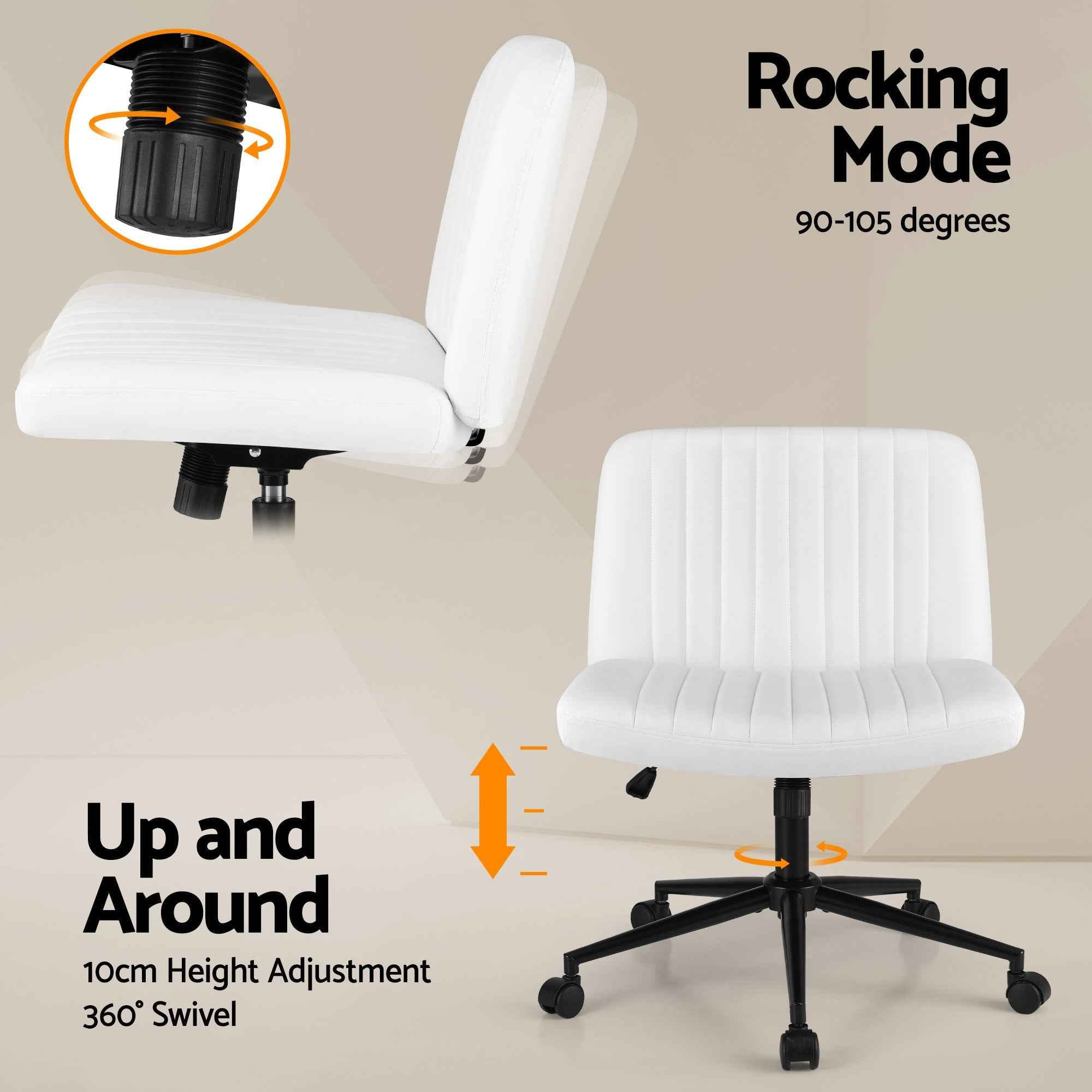 Artiss Criss Cross Chair with Wheels Wide Cross Legged Office Desk Vanity Chair PU Leather, Armless Height Adjustable Swivel Home Office Chair for Home Computer Task, White