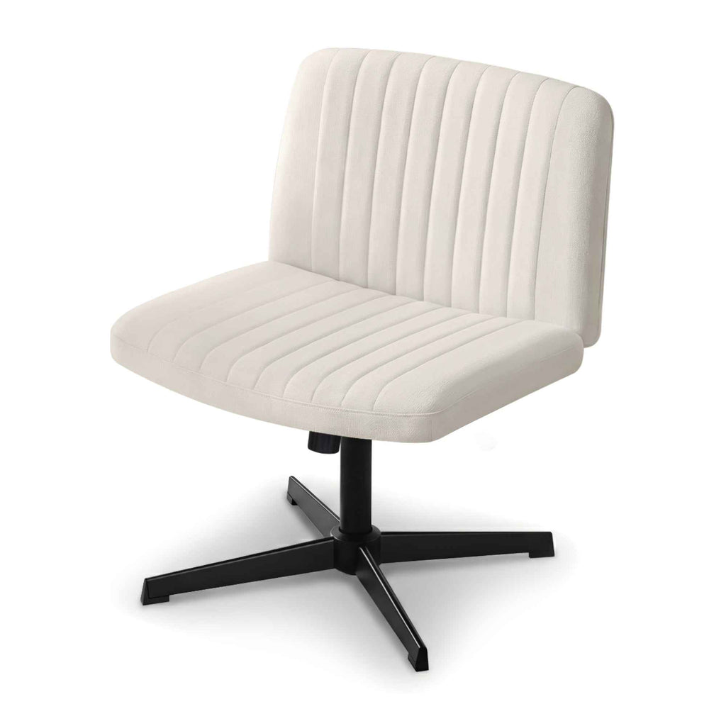 Artiss Criss Cross Chair No Wheels Fabric Wide Cross Legged Office Desk Vanity Chair Armless, Height Adjustable, Swivel Home Office Chair for Home Computer Task, Beige