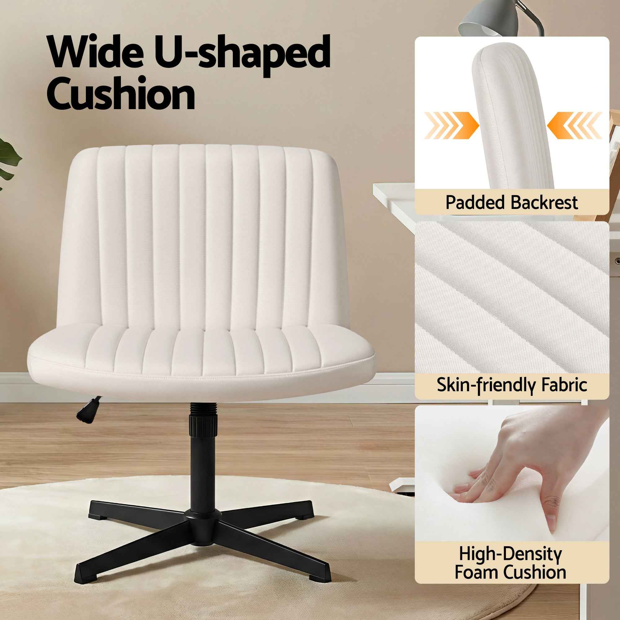 Artiss Criss Cross Chair No Wheels Fabric Wide Cross Legged Office Desk Vanity Chair Armless, Height Adjustable, Swivel Home Office Chair for Home Computer Task, Beige