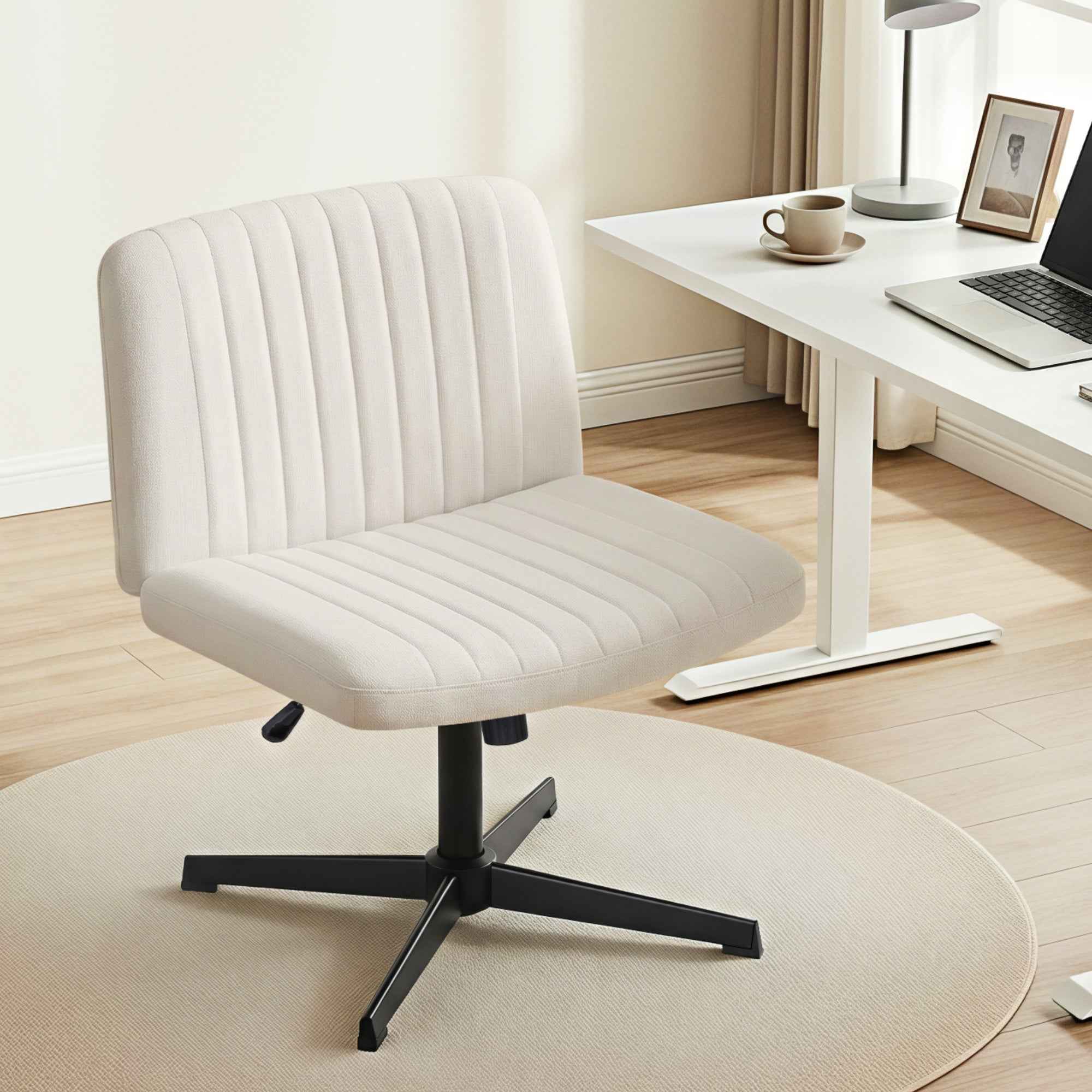Artiss Criss Cross Chair No Wheels Fabric Wide Cross Legged Office Desk Vanity Chair Armless, Height Adjustable, Swivel Home Office Chair for Home Computer Task, Beige