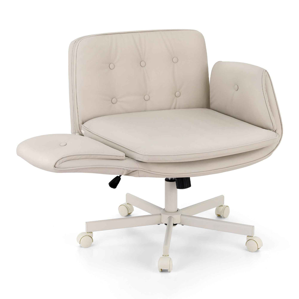 Artiss Criss Cross Chair with Wheels & Adjustable Armrests, Ergonomic Cross Legged Office Desk Chair PU Leather Vanity Chair Swivel for Home, Make Up, Bedroom, Computer, Beige