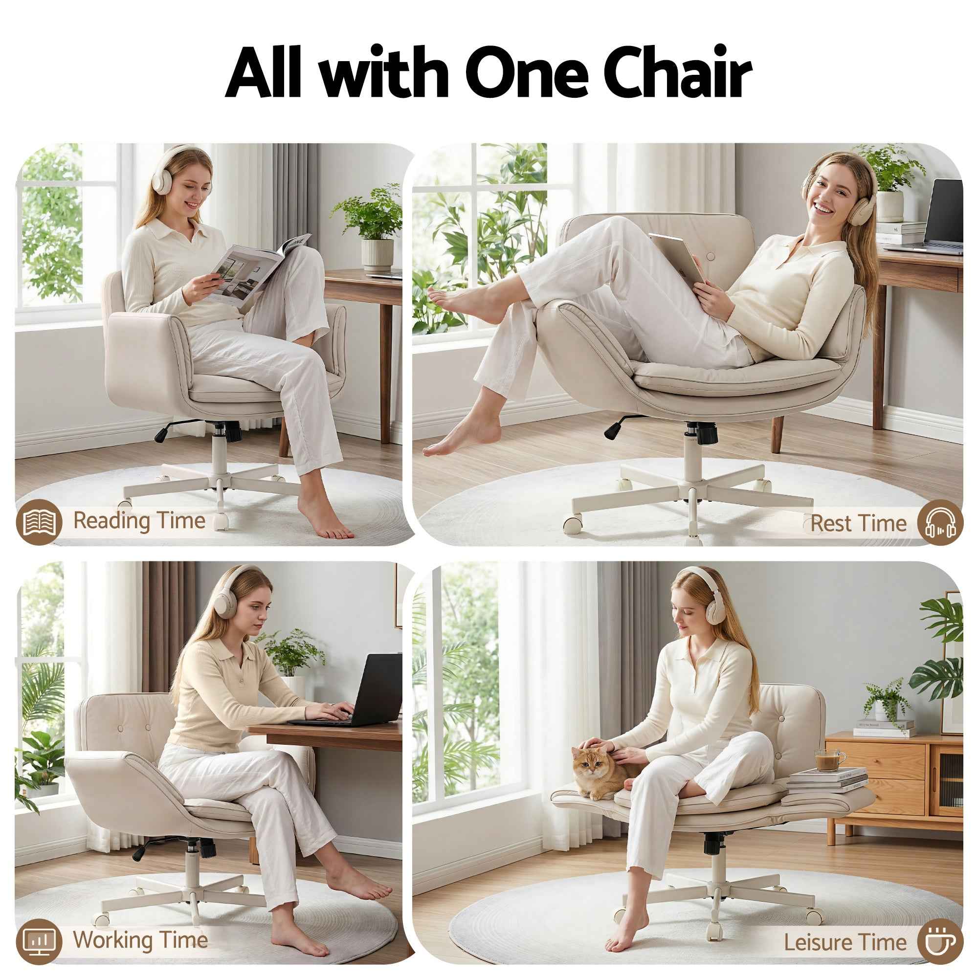 Artiss Criss Cross Chair with Wheels & Adjustable Armrests, Ergonomic Cross Legged Office Desk Chair PU Leather Vanity Chair Swivel for Home, Make Up, Bedroom, Computer, Beige