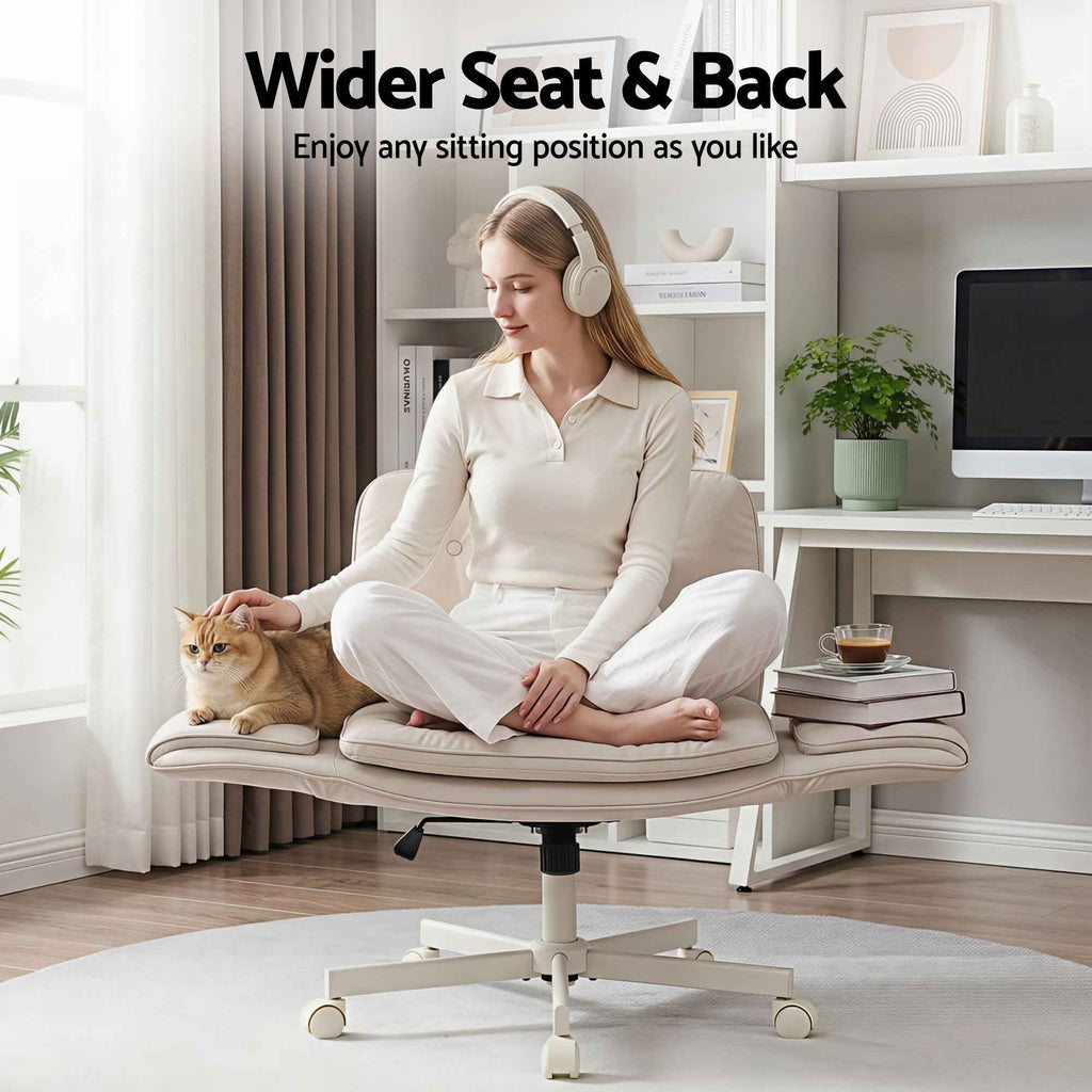 Artiss Criss Cross Chair with Wheels & Adjustable Armrests, Ergonomic Cross Legged Office Desk Chair PU Leather Vanity Chair Swivel for Home, Make Up, Bedroom, Computer, Beige