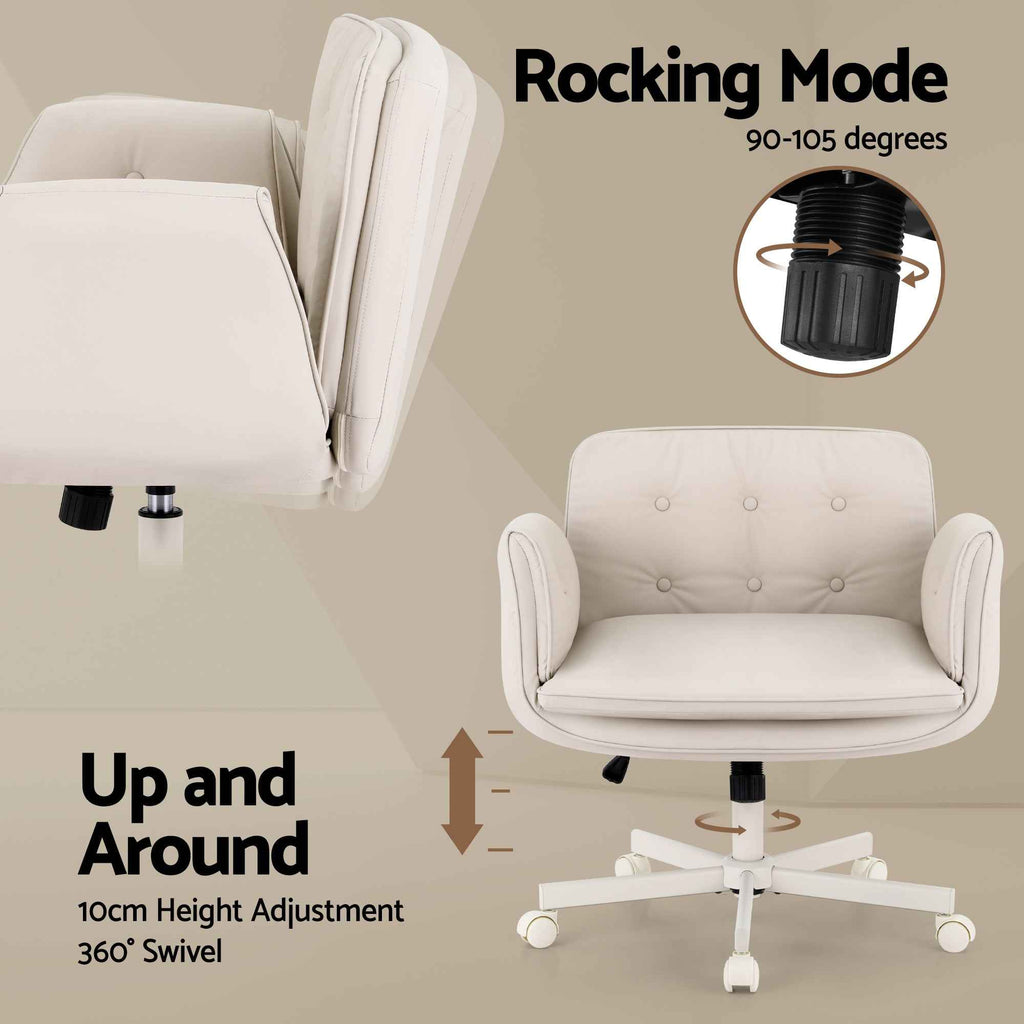 Artiss Criss Cross Chair with Wheels & Adjustable Armrests, Ergonomic Cross Legged Office Desk Chair PU Leather Vanity Chair Swivel for Home, Make Up, Bedroom, Computer, Beige