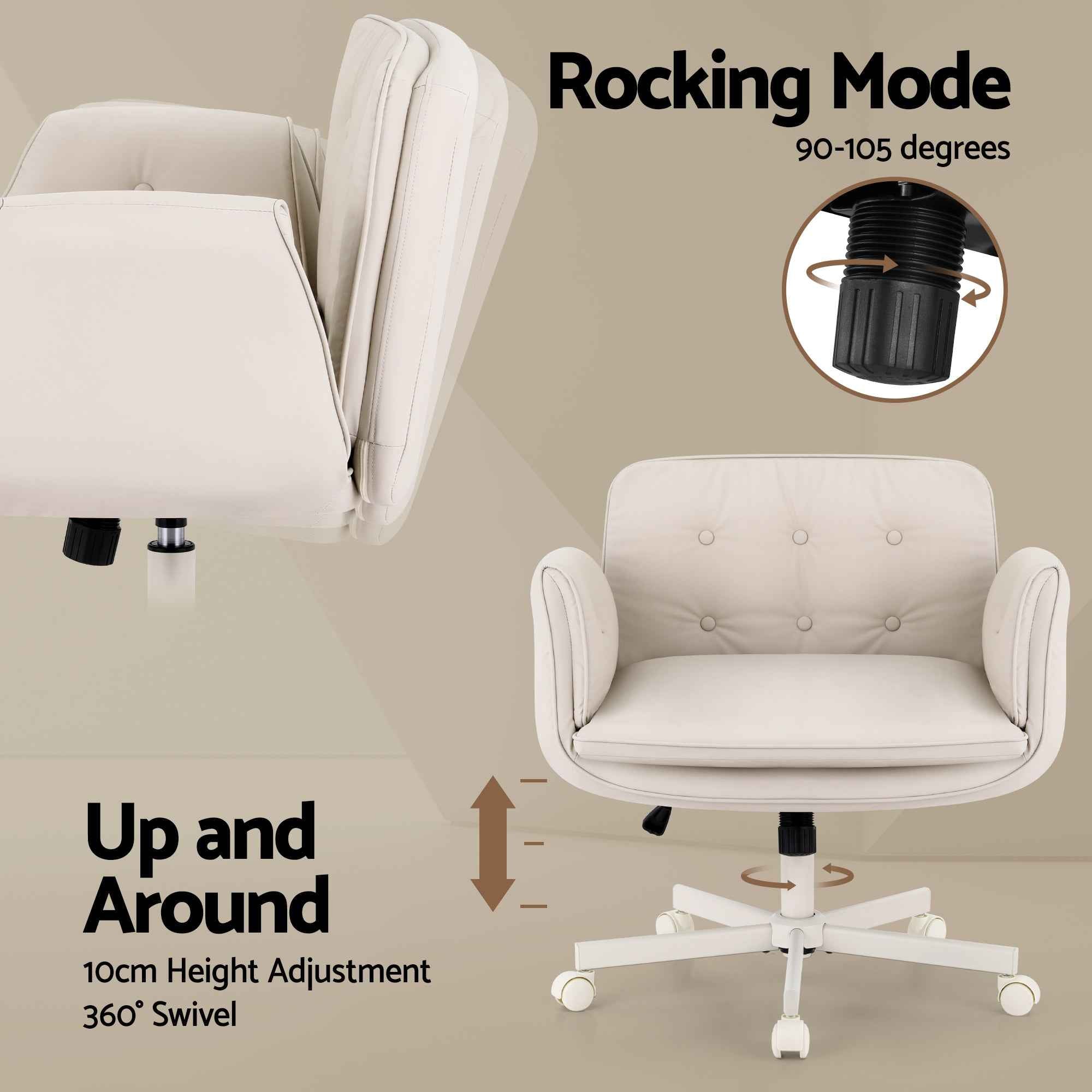 Artiss Criss Cross Chair with Wheels & Adjustable Armrests, Ergonomic Cross Legged Office Desk Chair PU Leather Vanity Chair Swivel for Home, Make Up, Bedroom, Computer, Beige