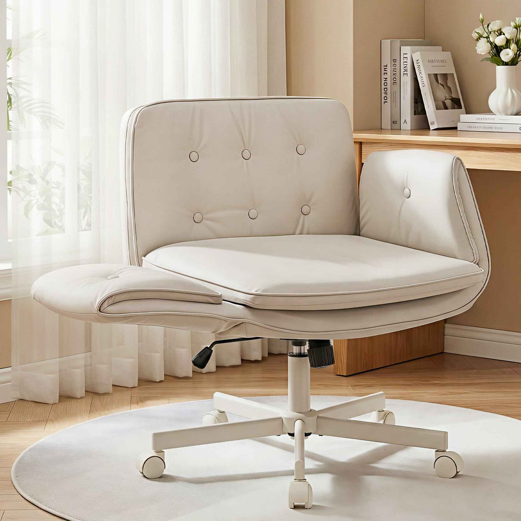 Artiss Criss Cross Chair with Wheels & Adjustable Armrests, Ergonomic Cross Legged Office Desk Chair PU Leather Vanity Chair Swivel for Home, Make Up, Bedroom, Computer, Beige