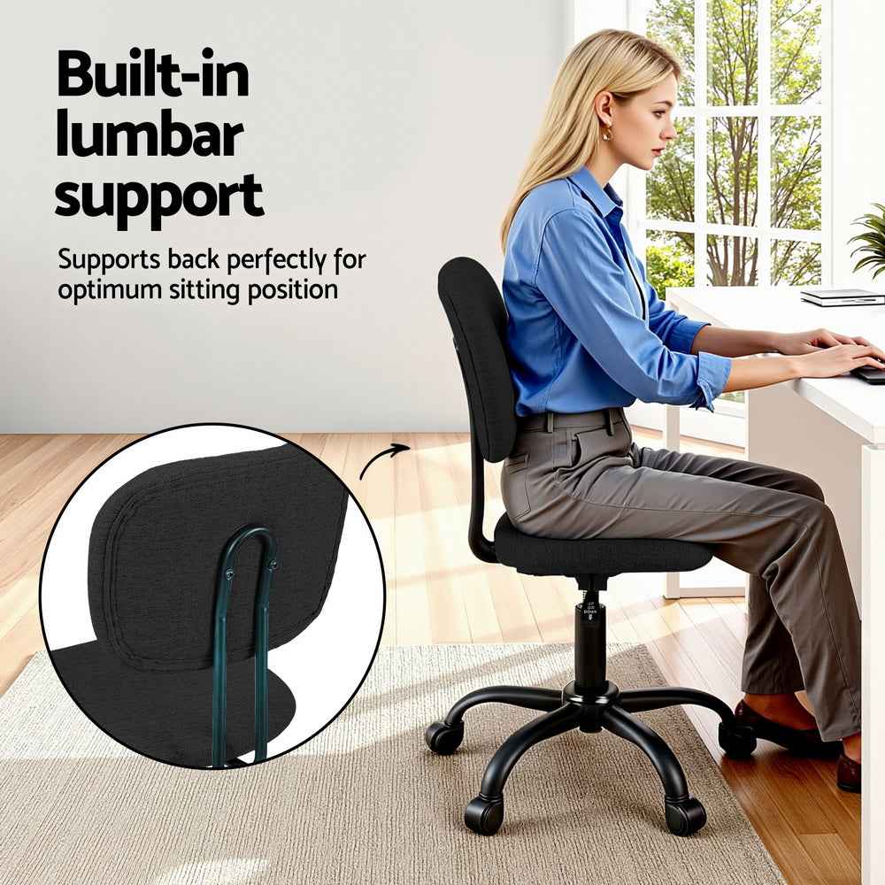 Artiss Armless Office Chair with Wheels, Ergonomic 360° Swivel Home Office Desk Chair, Height Adjustable Computer Task Chair with Fabric Back and Seat for Small Space, Black