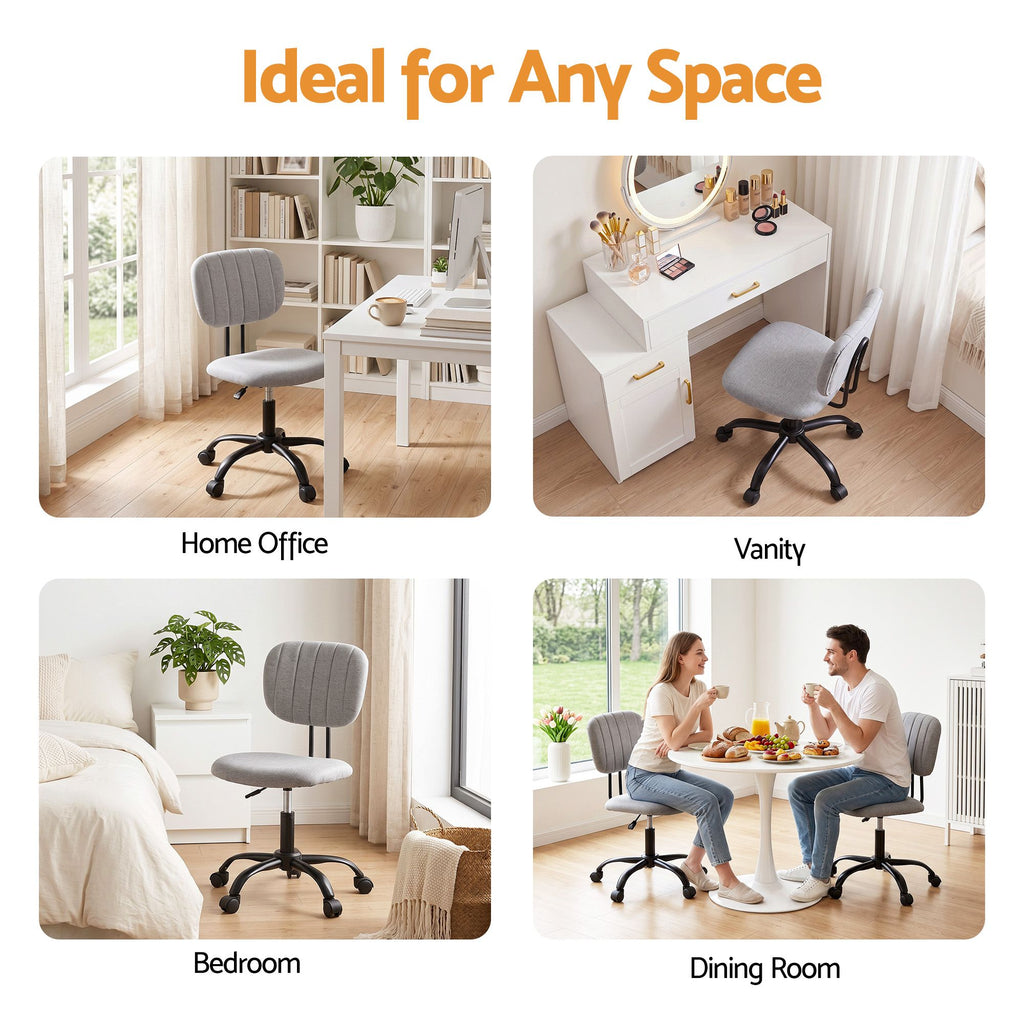 Artiss Armless Office Chair with Wheels, Ergonomic 360° Swivel Home Office Desk Chair, Height Adjustable Computer Task Chair with Fabric Back and Seat for Small Space, Grey