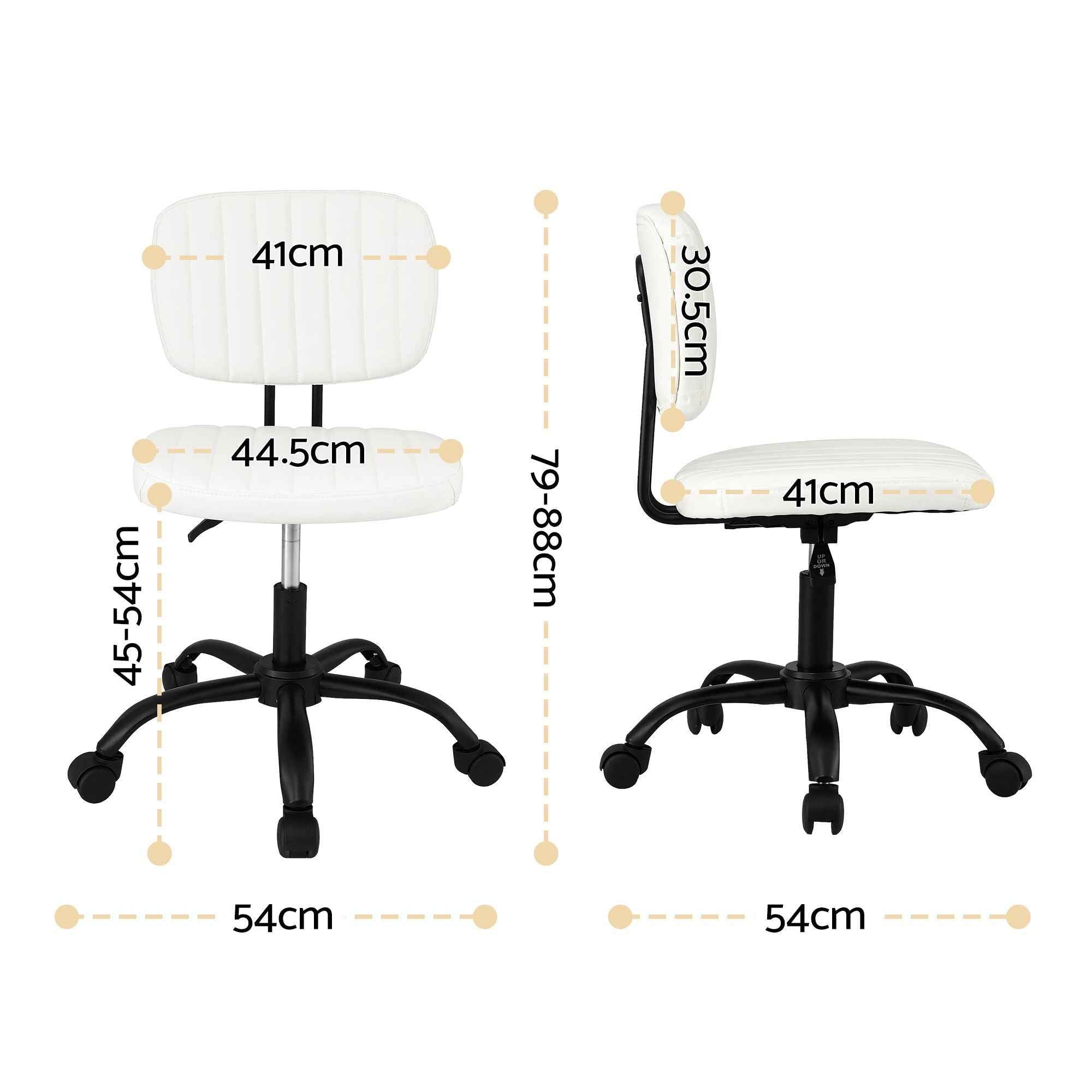 Artiss Armless Office Chair with Wheels, Ergonomic PU Leather Office Desk Chair, Height Adjustable 360° Swivel Computer Task Chair for Home Office, Study Room & Small Space, White
