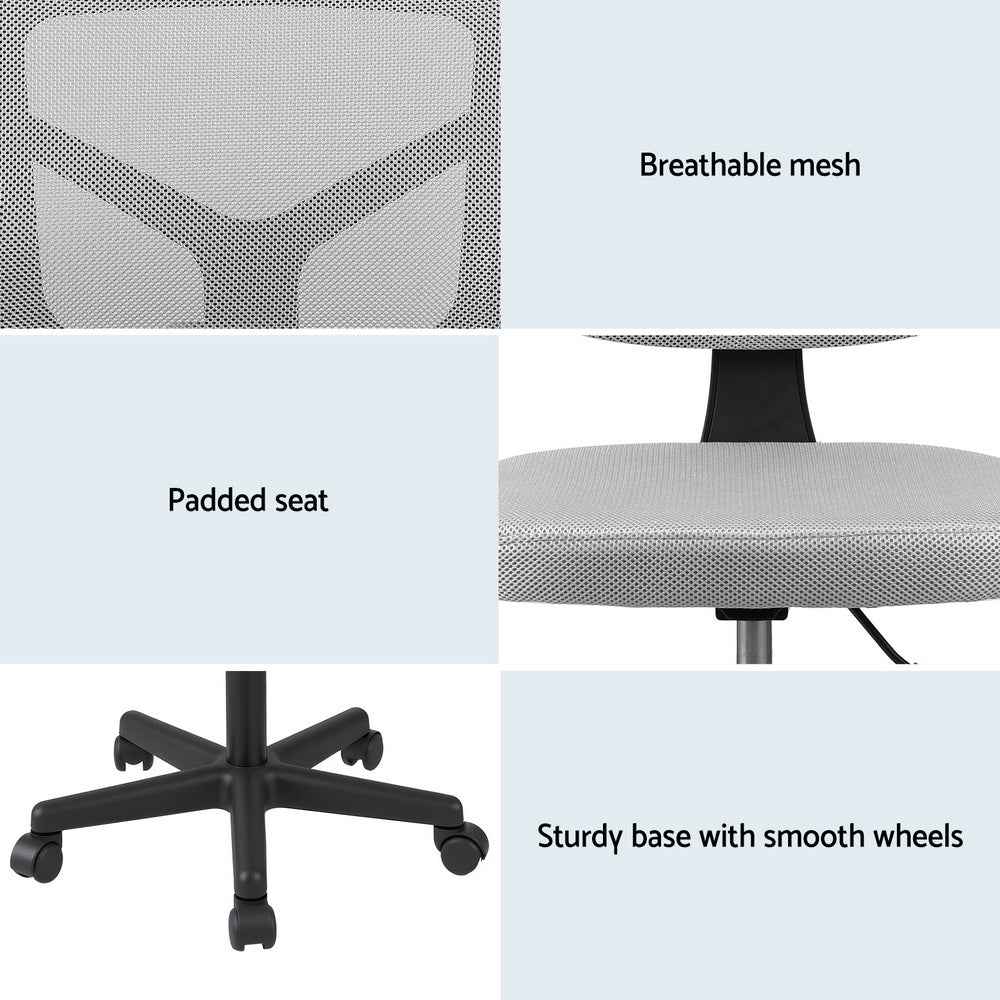 Artiss Armless Office Chair with Wheels, Ergonomic 360° Swivel Home Office Desk Chair, Height Adjustable Computer Task Chair with Fabric Back and Seat for Small Space, Grey