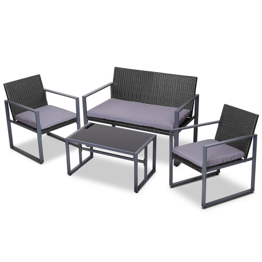 Gardeon 4 PCS Outdoor Sofa Set Rattan Furniture Glass Top Table Chairs Black