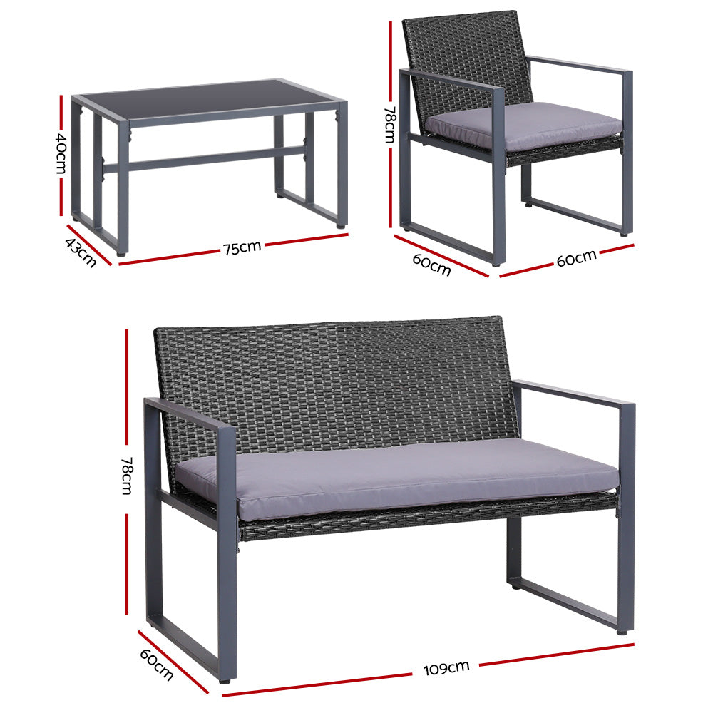 Conjunto de 4 sofás para exterior Gardeon, muebles de ratán, mesa con tablero de vidrio y sillas, color negro