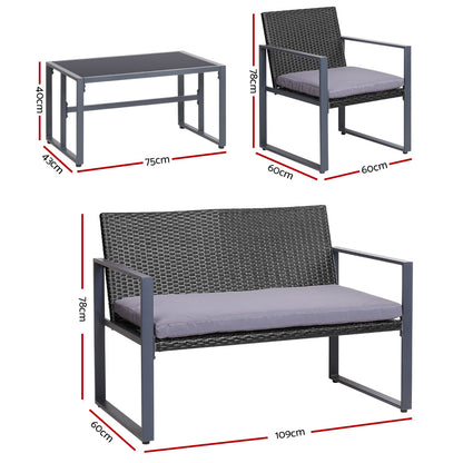 Conjunto de 4 sofás para exterior Gardeon, muebles de ratán, mesa con tablero de vidrio y sillas, color negro