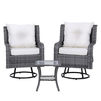 Gardeon 3PC Outdoor Furniture Bistro Set Lounge Wicker Swivel Chairs Table Cushion Grey