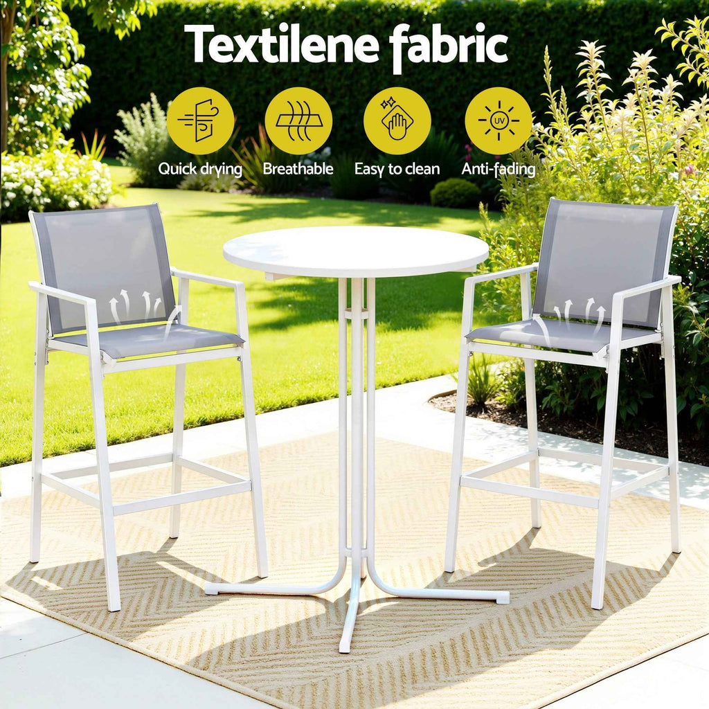 Gardeon 3PC Outdoor Bar Set Stools Dining Chairs Table Patio Furniture Bistro Set Steel White