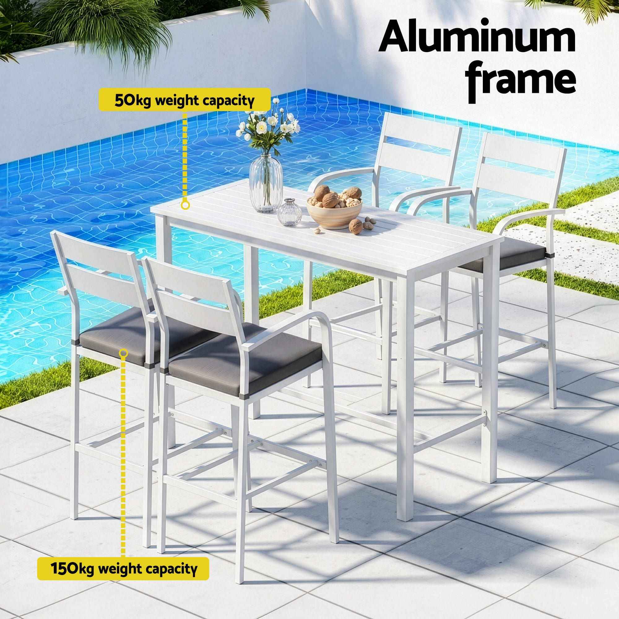 Gardeon Outdoor Bar Set 5-Piece Patio Dining Chairs Aluminium Table Stools White