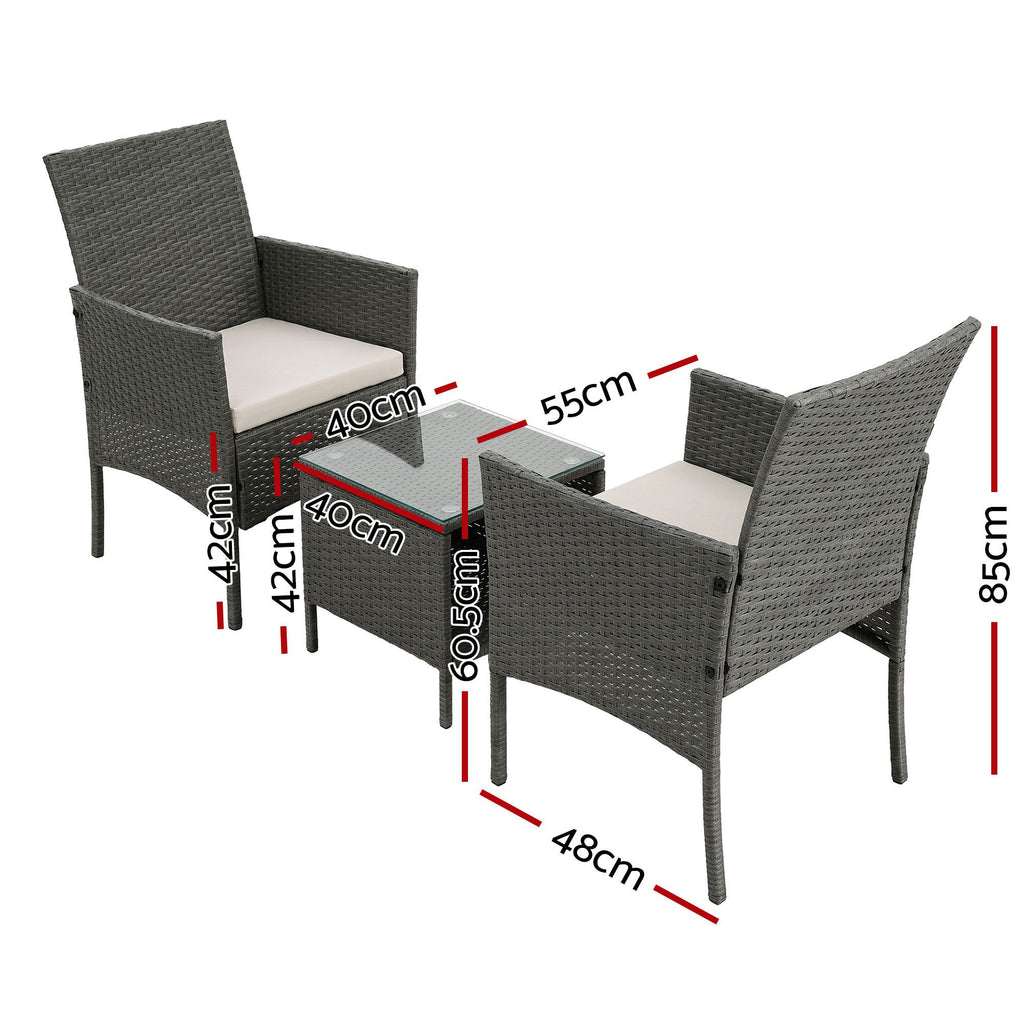 Gardeon 3PC Outdoor Bistro Set Patio Furniture Wicker Setting Chairs Table Cushion Grey