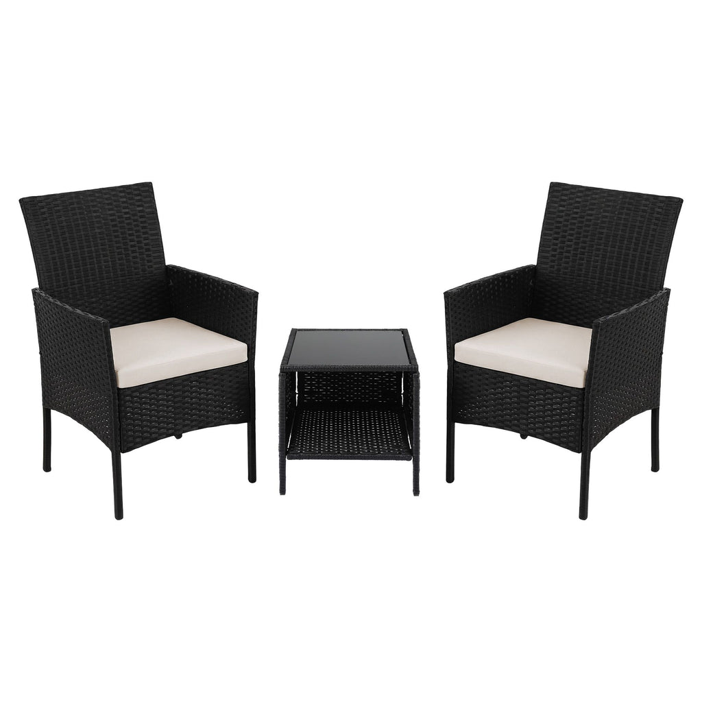 Gardeon 3PC Outdoor Bistro Set Patio Furniture Wicker Chairs Table Cushion All Black