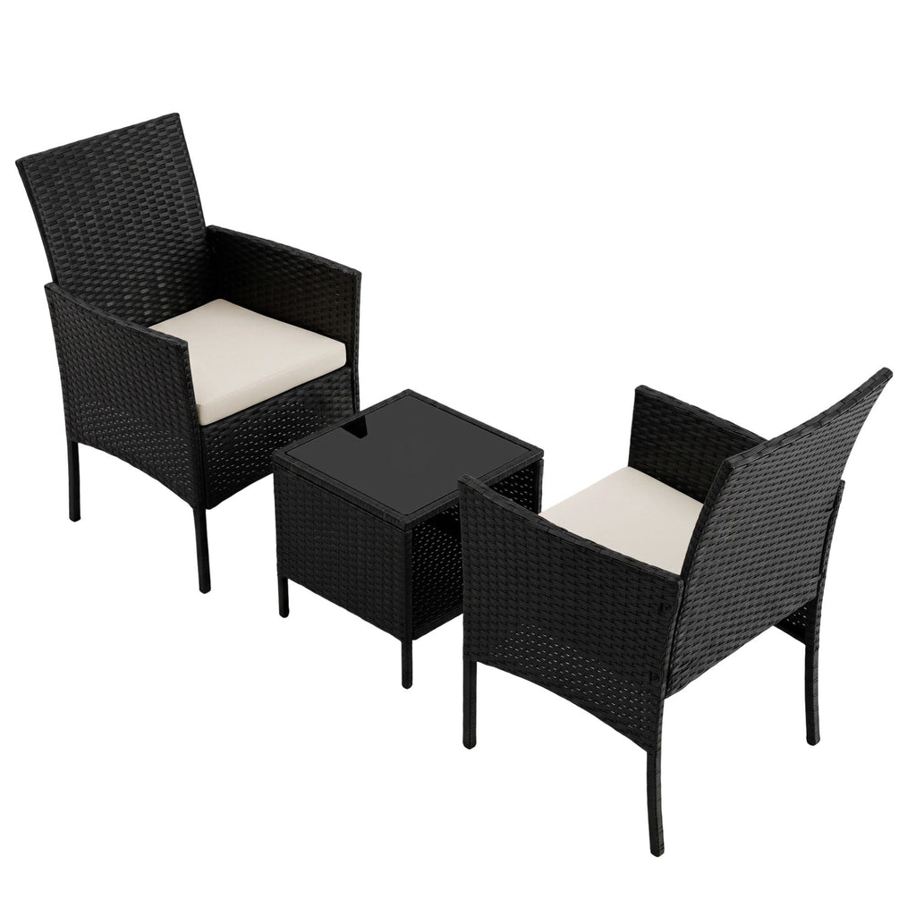 Gardeon 3PC Outdoor Bistro Set Patio Furniture Wicker Chairs Table Cushion All Black