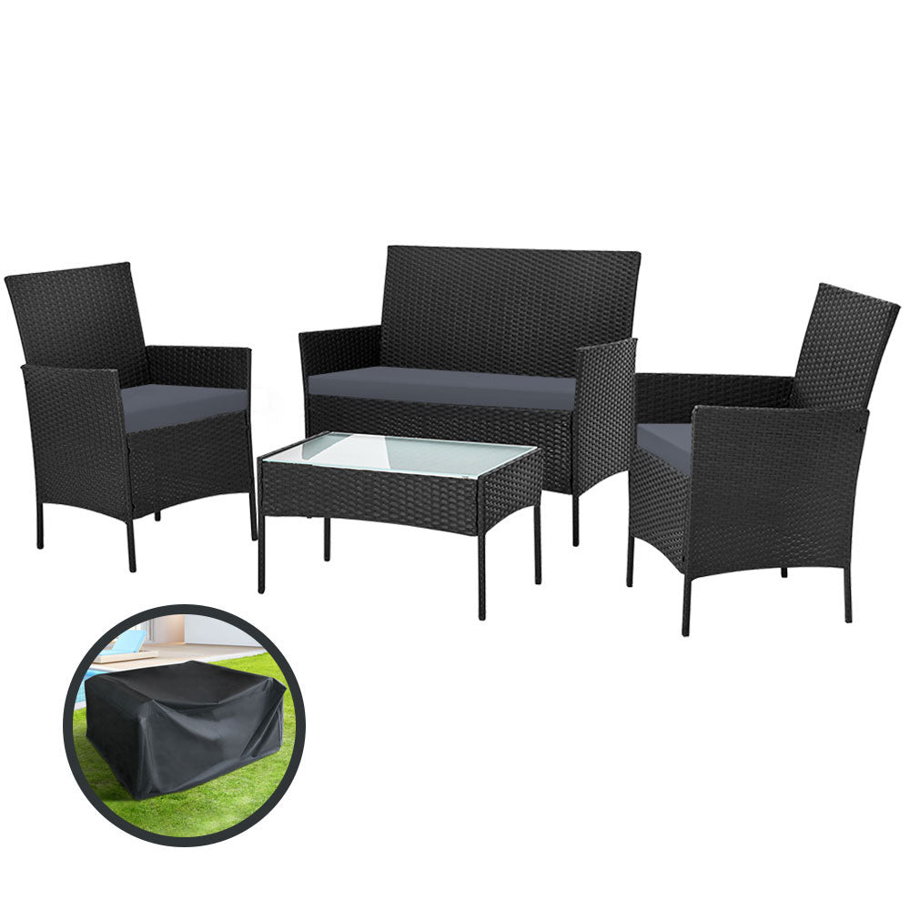 Conjunto de sofá de exterior de 4 plazas Gardeon con funda de almacenamiento, mesa y silla de mimbre, color negro