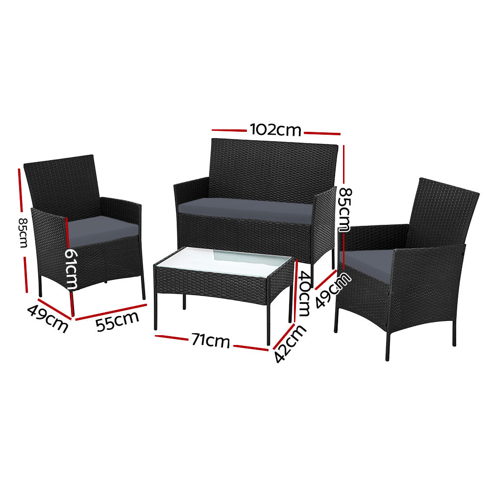 Conjunto de sofá de exterior de 4 plazas Gardeon con funda de almacenamiento, mesa y silla de mimbre, color negro