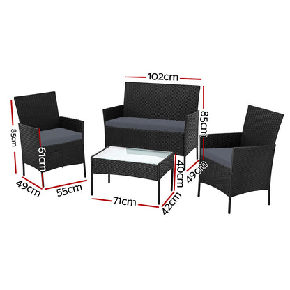 Conjunto de sofá de exterior de 4 plazas Gardeon con funda de almacenamiento, mesa y silla de mimbre, color negro