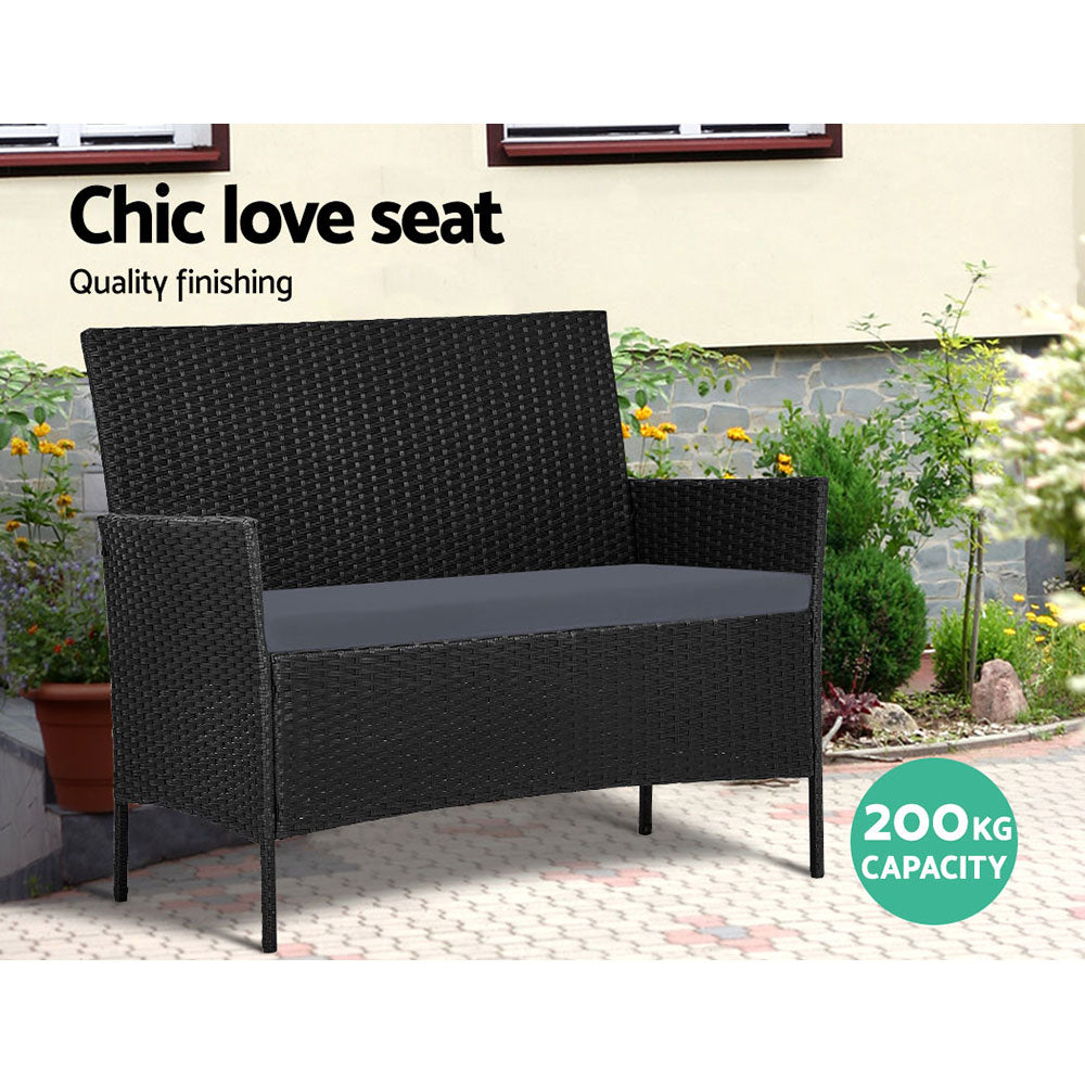 Conjunto de sofá de exterior de 4 plazas Gardeon con funda de almacenamiento, mesa y silla de mimbre, color negro