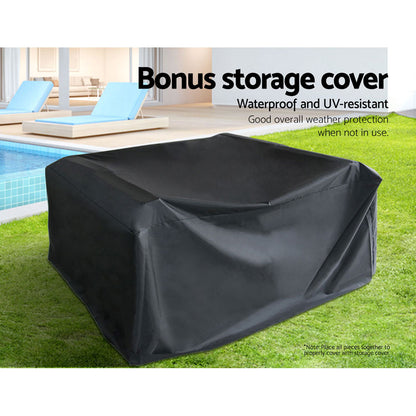 Conjunto de sofá de exterior de 4 plazas Gardeon con funda de almacenamiento, mesa y silla de mimbre, color negro