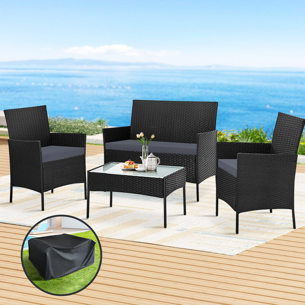 Conjunto de sofá de exterior de 4 plazas Gardeon con funda de almacenamiento, mesa y silla de mimbre, color negro