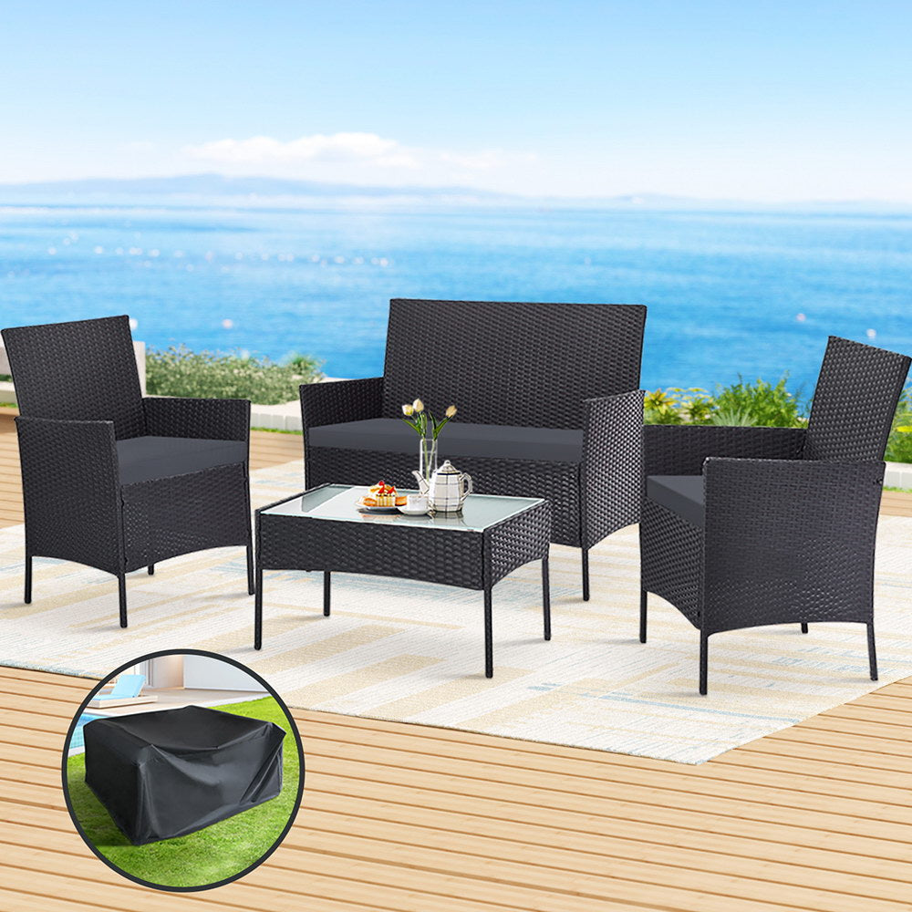 Gardeon 4 Seater Outdoor Sofa Set with Storage Cover Wicker Table Chair DarkGrey