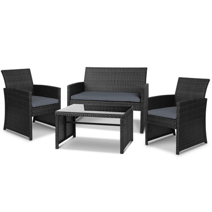 Conjunto de 4 sofás de exterior Gardeon con mesa y sillas de ratán, muebles de jardín en color negro