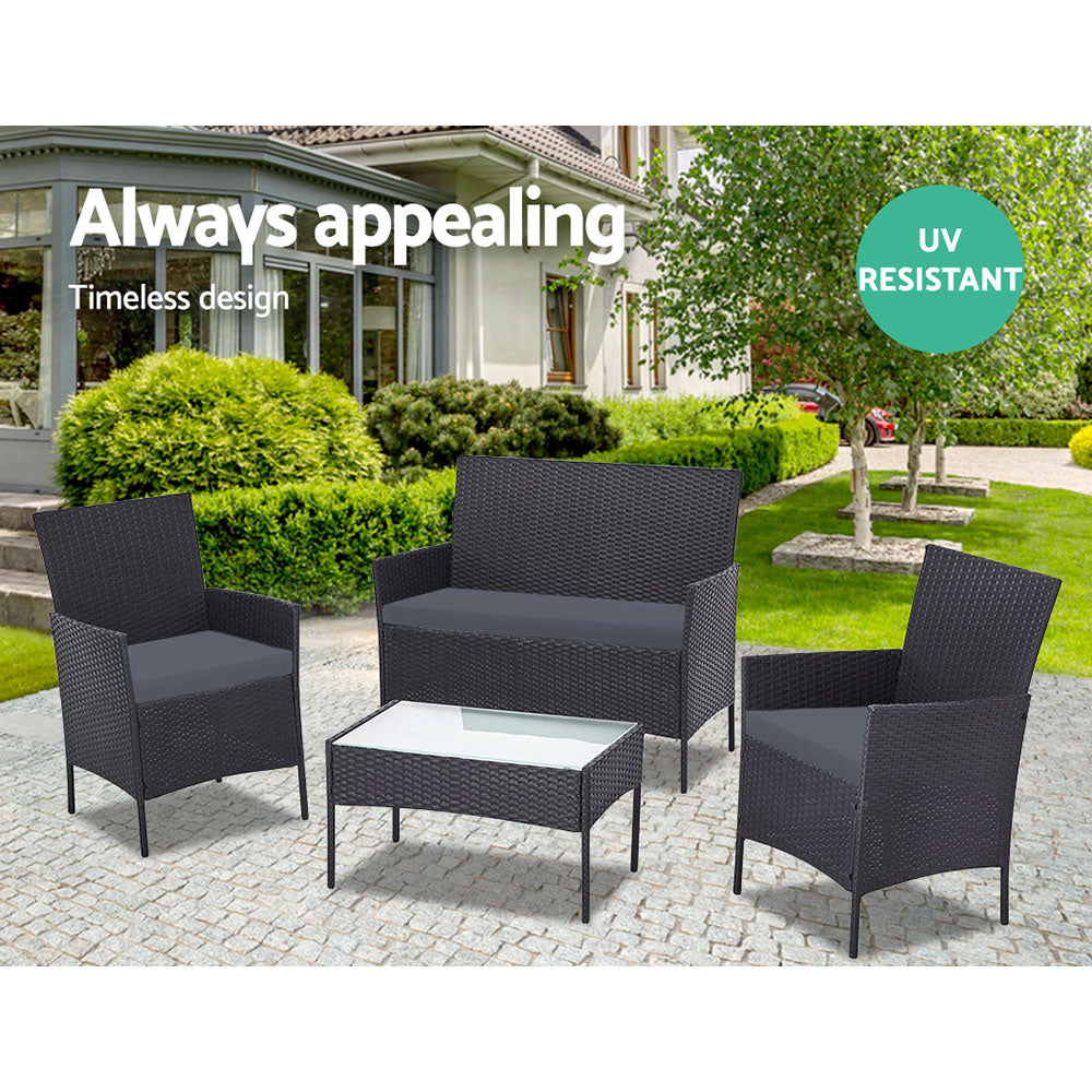 Conjunto de 4 sofás de exterior Gardeon con mesa y sillas de ratán, muebles de jardín en color negro