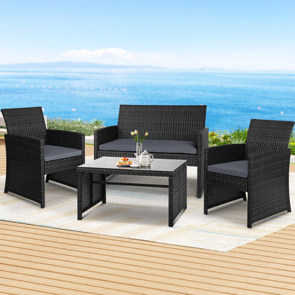 Conjunto de 4 sofás de exterior Gardeon con mesa y sillas de ratán, muebles de jardín en color negro