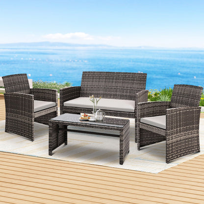 Gardeon 4 PCS Outdoor Sofa Set Rattan Chair Table Setting Garden Furniture Grey