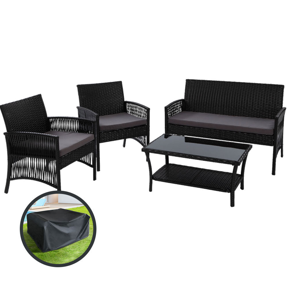 Gardeon 4PCS OutdoorSofa Set with Storage Cover Wicker Harp Chair Table Black