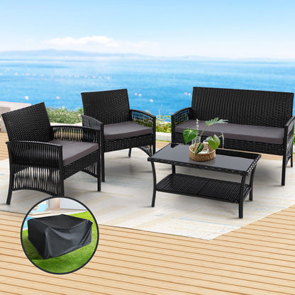 Gardeon 4PCS OutdoorSofa Set with Storage Cover Wicker Harp Chair Table Black