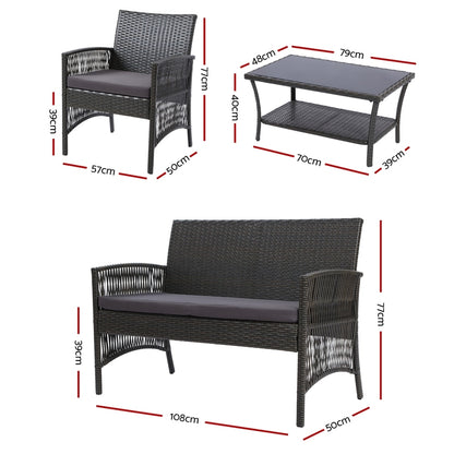 Conjunto de 4 sofás de exterior Gardeon con mesa y silla de mimbre con forma de arpa, muebles de jardín en color gris