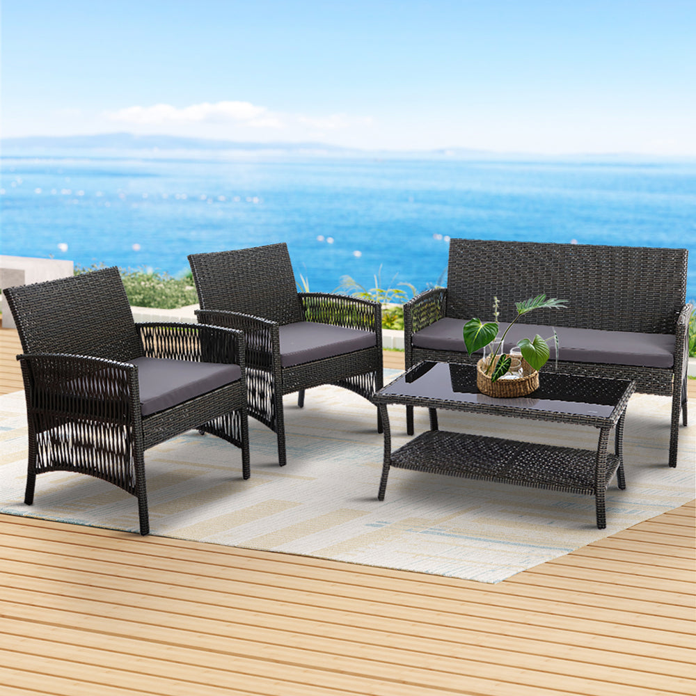 Conjunto de 4 sofás de exterior Gardeon con mesa y silla de mimbre con forma de arpa, muebles de jardín en color gris