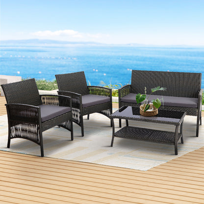 Conjunto de 4 sofás de exterior Gardeon con mesa y silla de mimbre con forma de arpa, muebles de jardín en color gris