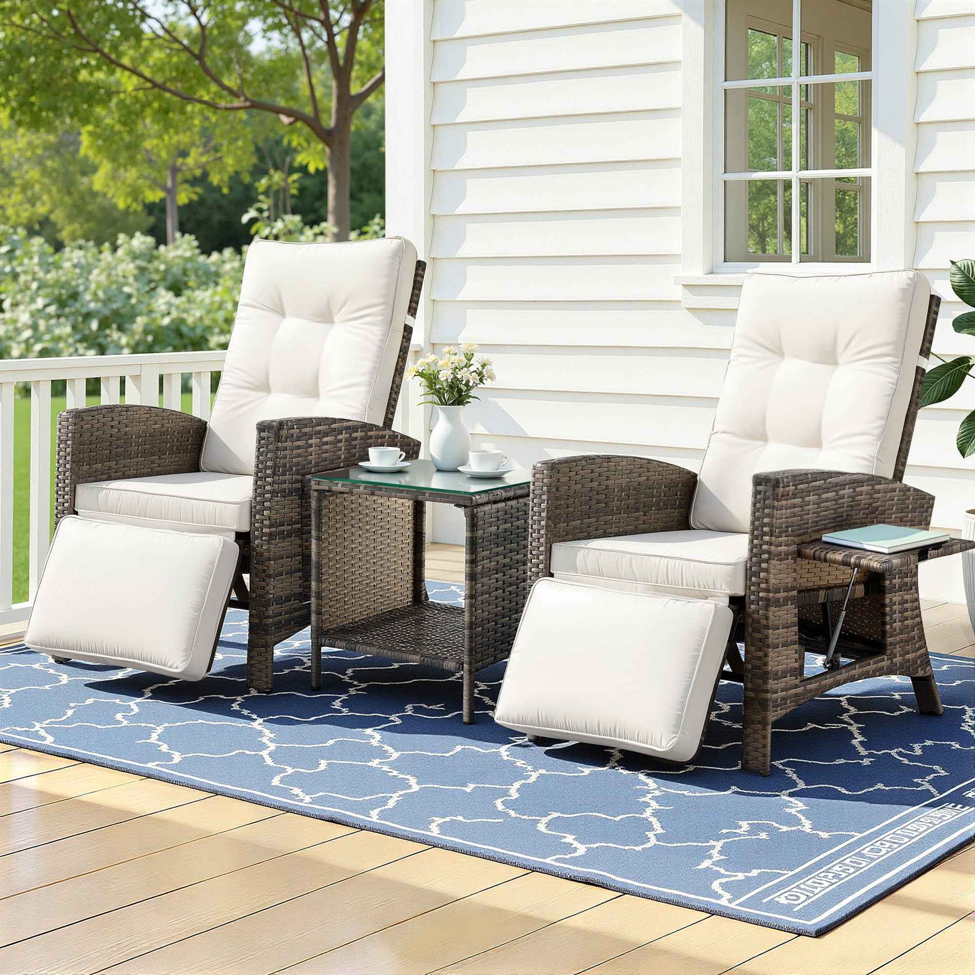 Gardeon 3PC Outdoor Bistro Set Recliner Chairs Table Sun lounge Patio Furniture Wicker Adjustable