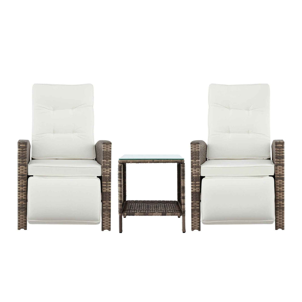Gardeon 3PC Outdoor Bistro Set Recliner Chairs Table Sun lounge Patio Furniture Wicker Adjustable