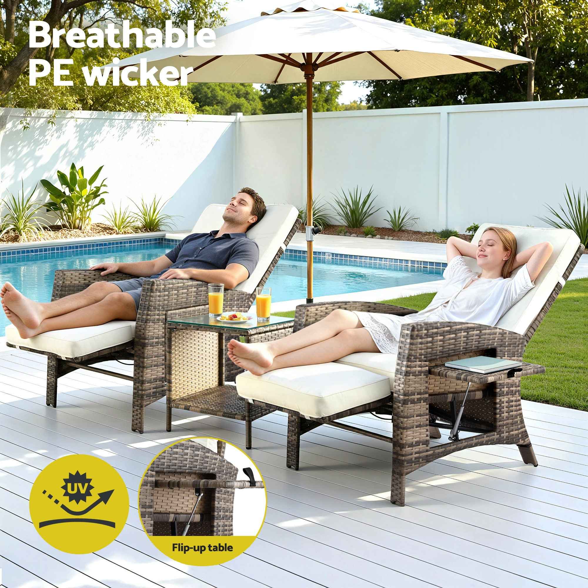 Gardeon 3PC Outdoor Bistro Set Recliner Chairs Table Sun lounge Patio Furniture Wicker Adjustable