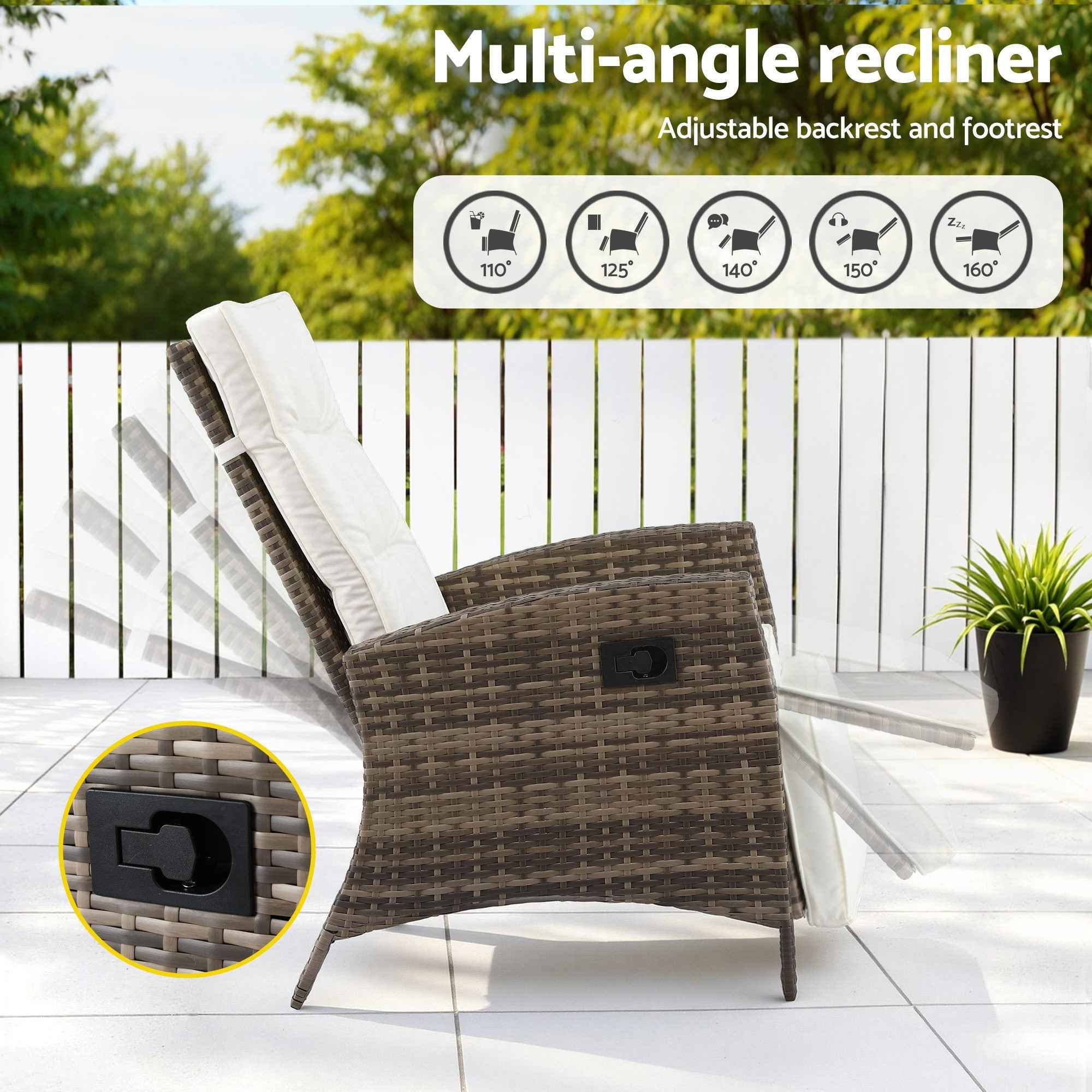 Gardeon 3PC Outdoor Bistro Set Recliner Chairs Table Sun lounge Patio Furniture Wicker Adjustable