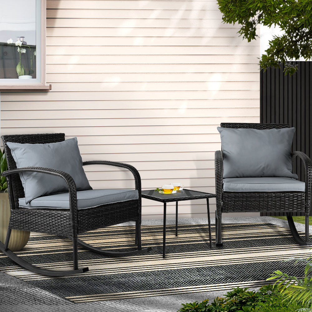 Gardeon 3PC Rocking Chair Table Wicker Outdoor Furniture Patio Bistro Set Black - YDS.com.au