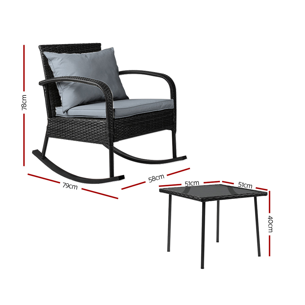 Gardeon 3PC Rocking Chair Table Wicker Outdoor Furniture Patio Bistro Set Black - YDS.com.au