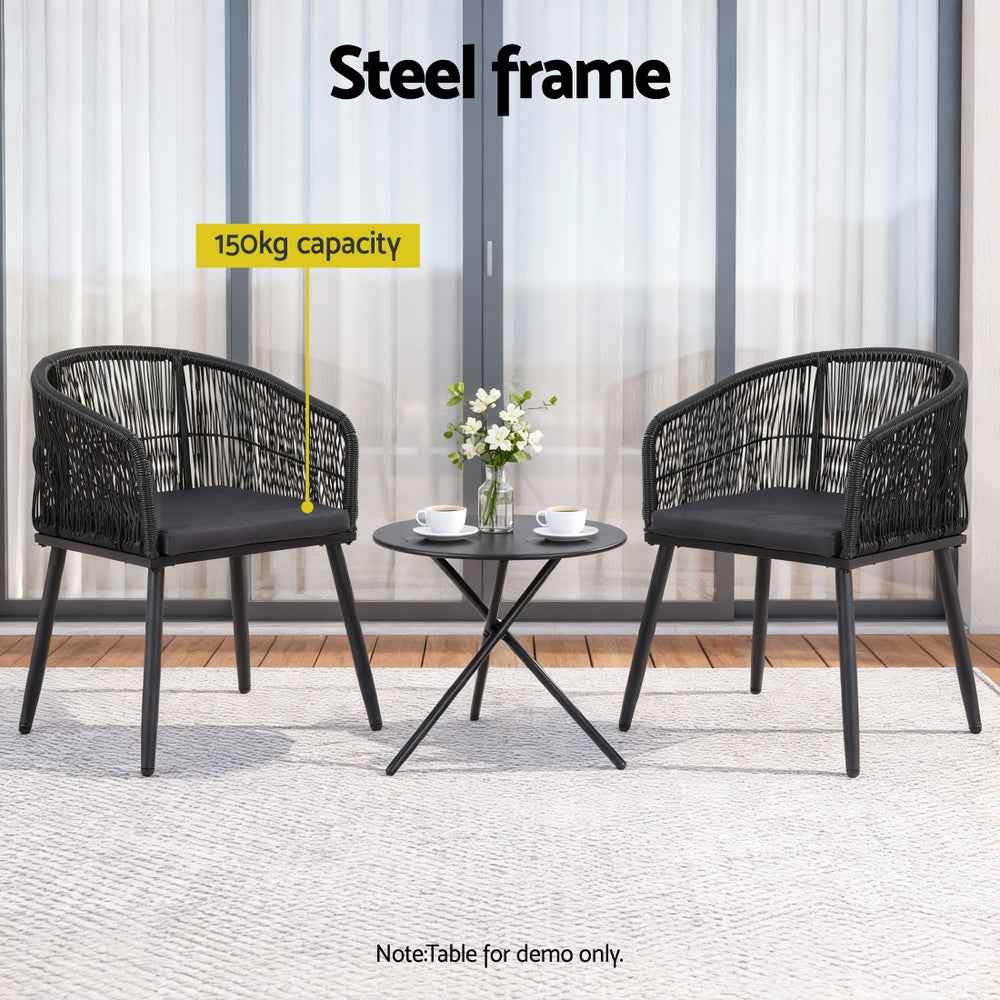 Gardeon 2PC Outdoor Dining Chairs Wicker Chair Patio Furniture Garden Steel Black