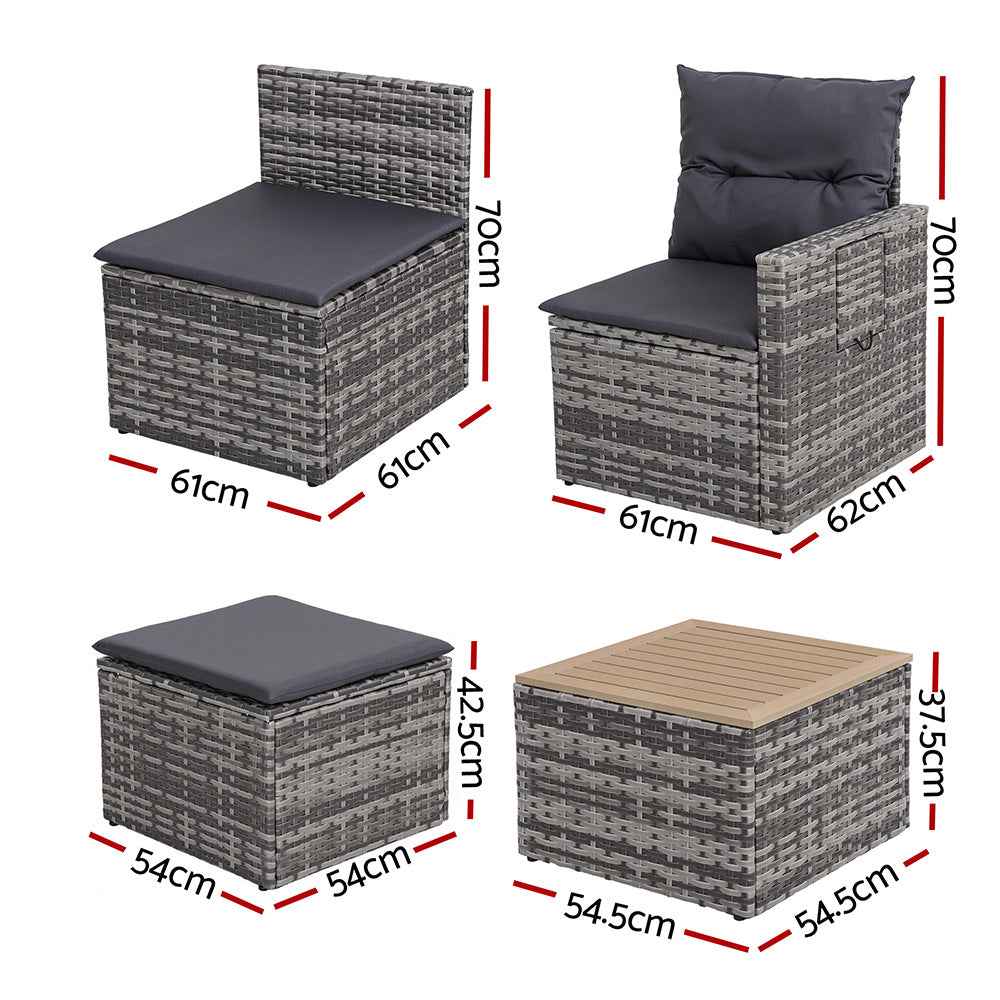 Gardeon 5 Pieces Outdoor Sofa Set 4-Seater Grey Rattan Patio Furniture Table and Chair Setting